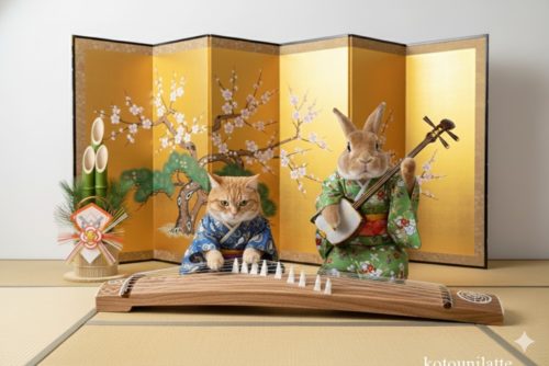 AI生成の猫とうさぎの演奏