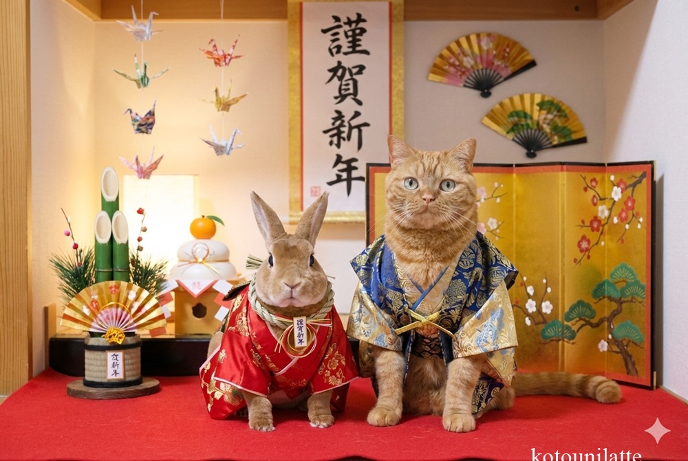 AI生成の猫とうさぎのお正月